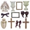 Funeral objects collection, vases and bows, hand drawn vector