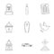 Funeral services icons set, outline style