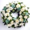 Funeral wreath over a white background, a symbol of respect and sympathy. Classic and elegant floral arrangement. Generative AI