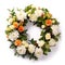 Funeral wreath over a white background, a symbol of respect and sympathy. Classic and elegant floral arrangement. Generative AI