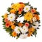 Funeral wreath over a white background, a symbol of respect and sympathy. Classic and elegant floral arrangement. Generative AI