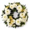 Funeral wreath over a white background, a symbol of respect and sympathy. Classic and elegant floral arrangement. Generative AI