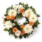 Funeral wreath over a white background, a symbol of respect and sympathy. Classic and elegant floral arrangement. Generative AI