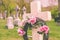 Funeral wreath with pink flower on a cross.