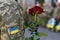 A funerals of Ukrainian servicemen killed during Russia`s invasion of Ukraine. Soldier holds flowers