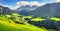 Funes Valley aerial view and Odle mountains, Dolomites Alps, Italy