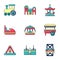 Funfair attractions icons set, flat style
