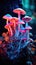 Fungus mycelium in neon colors. Fantasy Mushrooms on black background