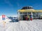 Funicular Lazidbahn with skier in winter in resort Ladis, Fiss, Serfaus in ski resort in Tyrol