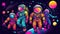 Funky astronauts in pink, orange and blue spacesuits digital art