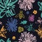 Funky floral pattern with Bees Black background