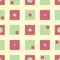 Funky green and red squares with inner circles and rectangles in geometric design. Seamless vector pattern on canvas