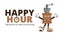 Funky groovy cartoon character Coffee Happy Hour banner. Vintage funny mascot patch psychedelic smile, emotion. Design