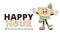 Funky groovy cartoon character Coffee Happy Hour banner. Vintage funny mascot patch psychedelic smile, emotion. Design