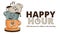 Funky groovy cartoon character Coffee Happy Hour banner. Vintage funny mascot patch psychedelic smile, emotion. Design