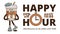 Funky groovy cartoon character Coffee Happy Hour banner. Vintage funny mascot patch psychedelic smile, emotion. Design