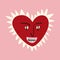 Funky heart with a ugly face. Freaky quirky heart. Valentines Day Card in modern doodle style