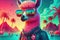 Funky lama character in leather jacket and mirror sunglasses. Hippie traveler, synthwave style, 80s vibe, AI generative
