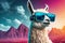 Funky lama character in mirror sunglasses synthwave style, 80s vibe, AI generative
