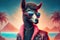 Funky lama character in mirror sunglasses synthwave style, 80s vibe, AI generative