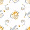 Funky modern brushstroke effect dark silver and gold circles and swirls. Vector seamless pattern on white background