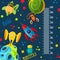 Funky monsters with a rockets and planets in space. Stadiometer.