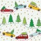 Funky multicolor winter landscape with cartoon reindeer, cars, Christmas trees and stars. Seamless vector pattern on