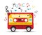 Funky Music Design with Retro Red Audio Cassette on Wheels and Colorful Notes on White Background