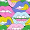 Funky open mouth with teeth, sensual lips, positive emotions seamless pattern