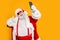 Funky overweight white beard hair santa claus grandfather red costume blogger make selfie on smartphone have summer