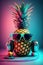 Funky pineapple characted in earphones and mirror glasses on abstract magenta and cyan background. 80s vibe, synthwave style, AI