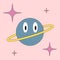 Funky planet with funny smiley. Nice retro cartoon character. Groovy 1970s vibe card design. Vintage element for sticker