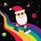 Funky Santa Claus walking on the rainbow