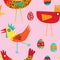 Funky vector repeat patern of colorful chickens