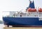 The funnel of an empty freighter anchored