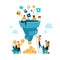 Funnel leads generation. Attracting followers strategy concept with cartoon people and inbound marketing. Vector