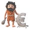 Funny 3d cartoon prehistoric caveman character carving a Euro currency symbol in rock, 3d illustration