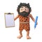 Funny 3d cartoon prehistoric caveman holding a clipboard and pencil, 3d illustration