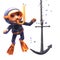 Funny 3d cartoon snorkel scuba diver watching an anchor sink to the ocean floor, 3d illustration