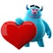 Funny 3D monster, funny love mascot with a heart