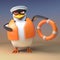 Funny 3d penguin sailor captain comes to the rescue with his buouyancy life ring, 3d illustration