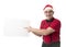 Funny 40s to 50s crazy sales man in Santa Christmas hat with bo