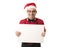 Funny 40s to 50s crazy sales man in Santa Christmas hat with bo