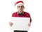 Funny 40s to 50s crazy sales man in Santa Christmas hat with bo