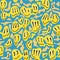 Funny 70s Melted trippy emoji seamless pattern. Retro groovy hippie happy smiles emotions. Melting characters with