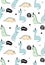 Funny Abstract Dinosaurs Vector Pattern. Hand Drawn Blue, Mint Green and Beige Dinos with Black Paper Hats.