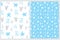 Funny Abstract Geometric Seamless Vector Patterns with White, Blue and Gray Hearts and Stars.