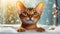 Funny Abyssinian cat in the bathtub background. Foam bubbles are flying around a cute wild-colored Abyssinian cat. Cozy sunny