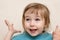 Funny admiration emotional white child girl face closeup