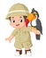 a funny adventurous boy is posing with a big toucan bird